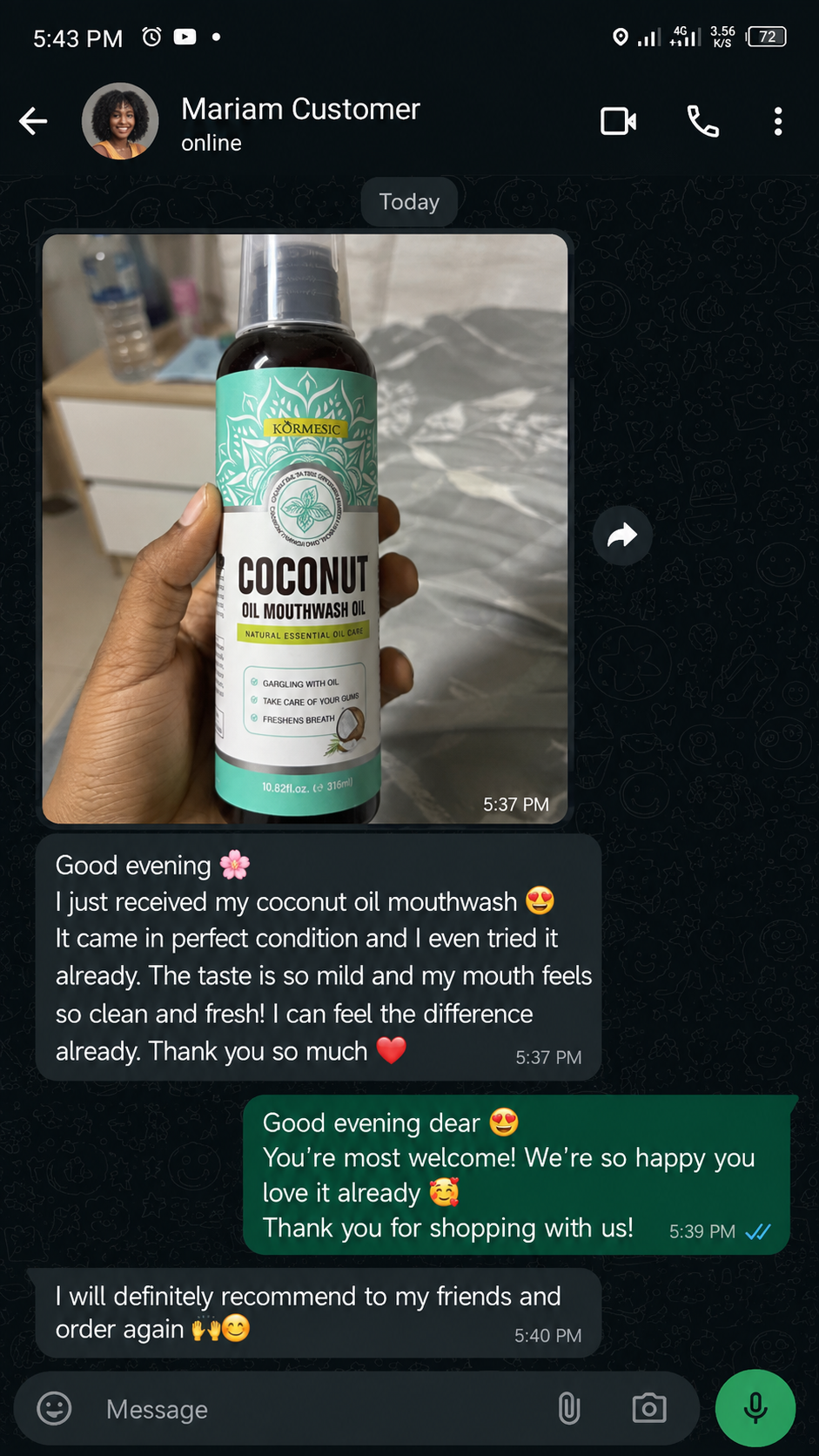 Genuine WhatsApp customer testimonial for Kormesic Coconut Oil Mouthwash
