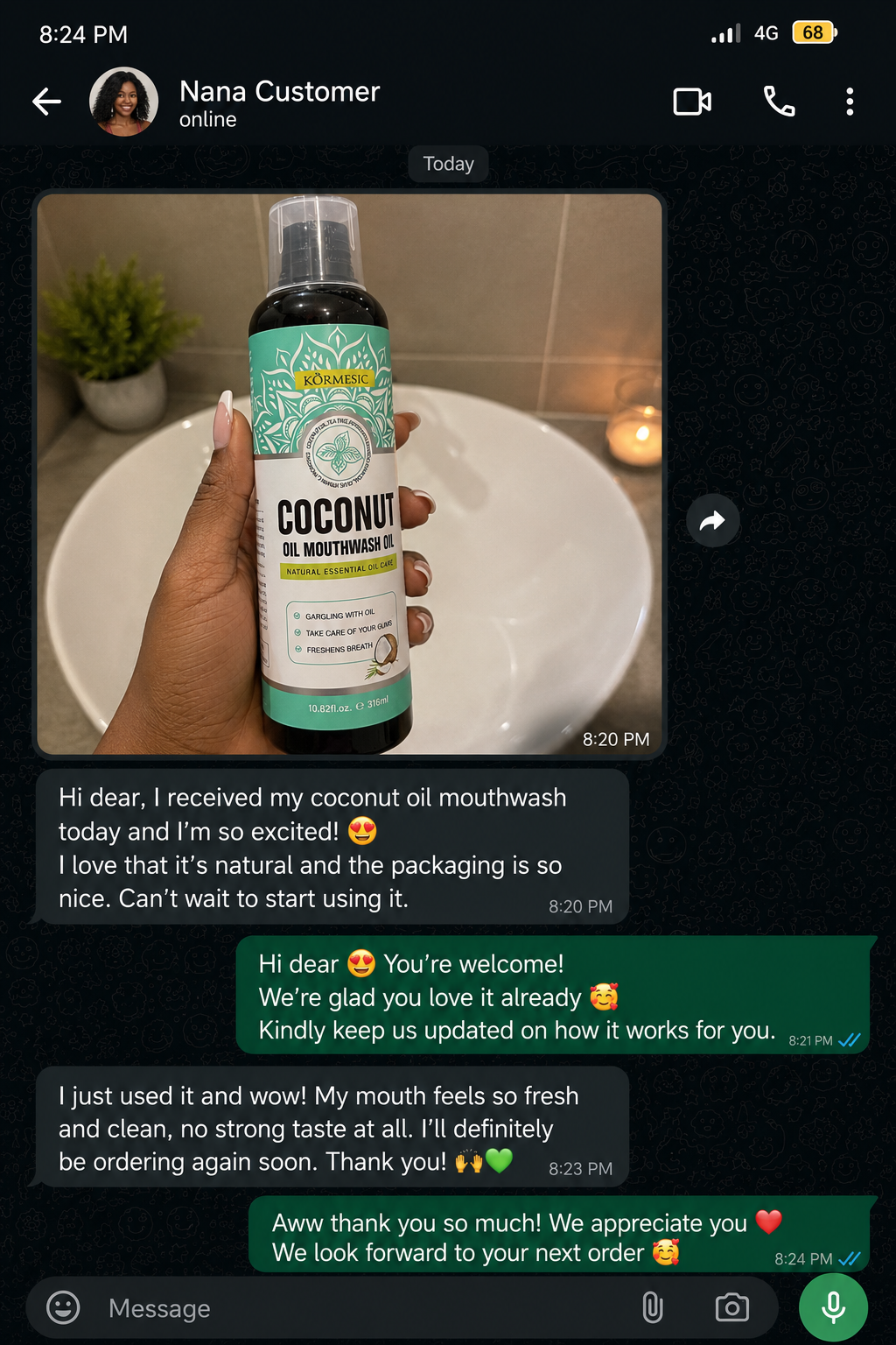 Genuine WhatsApp customer testimonial for Kormesic Coconut Oil Mouthwash