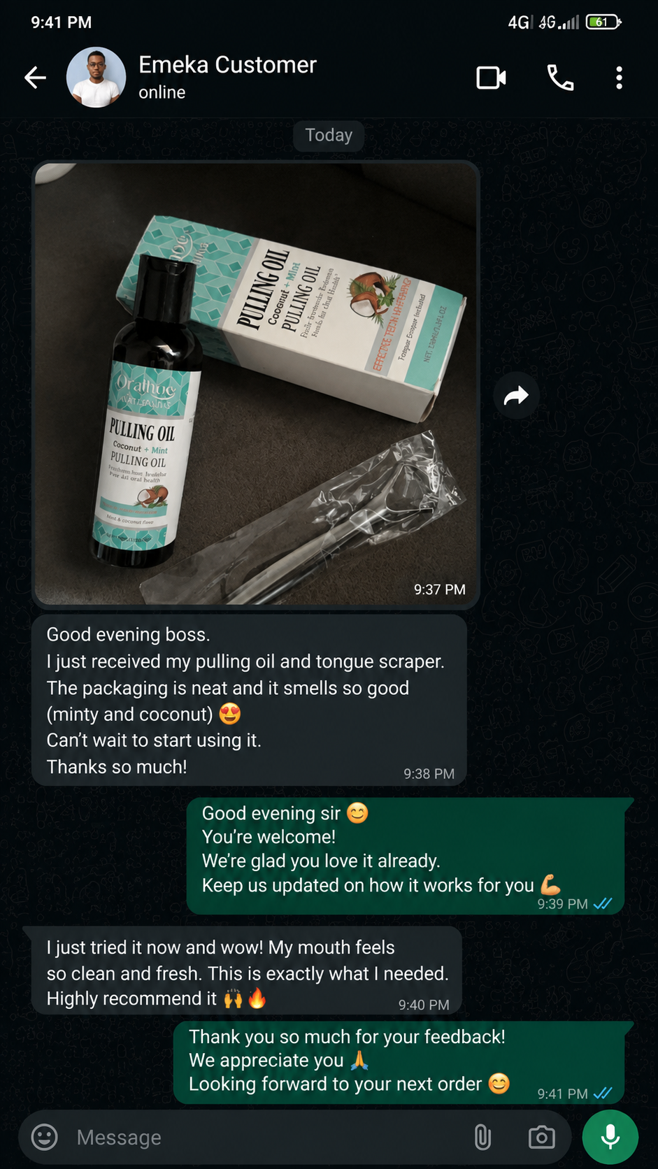 Genuine WhatsApp customer testimonial for Kormesic Coconut Oil Mouthwash