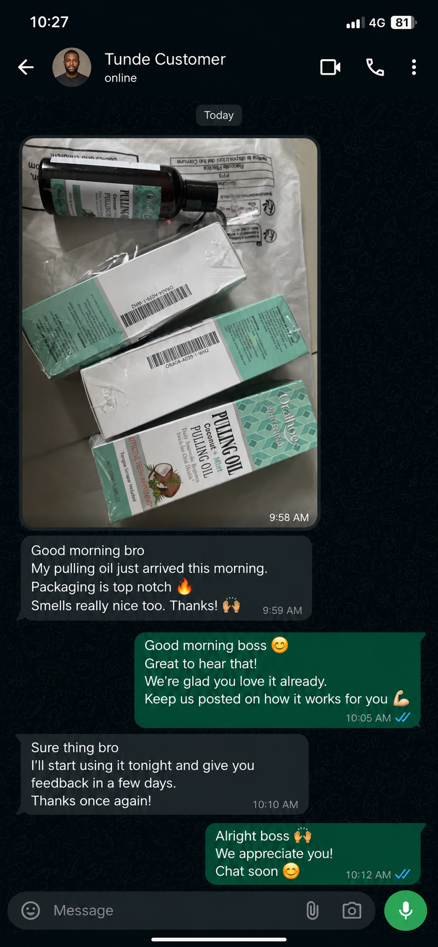 Genuine WhatsApp customer testimonial for Kormesic Coconut Oil Mouthwash