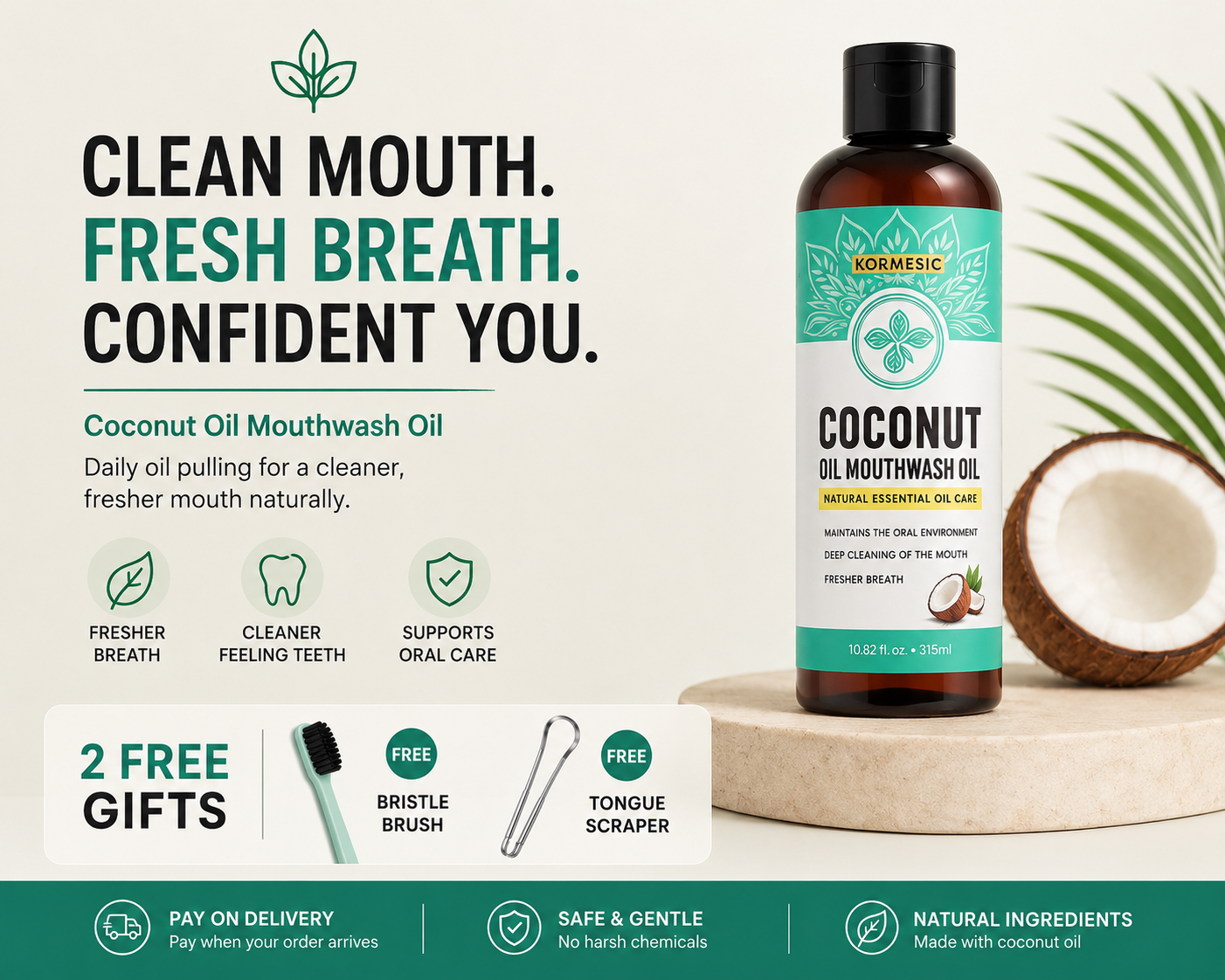 Kormesic Coconut Oil Mouthwash package with tongue scraper and toothbrush, 315ml / 10.82 fl oz
