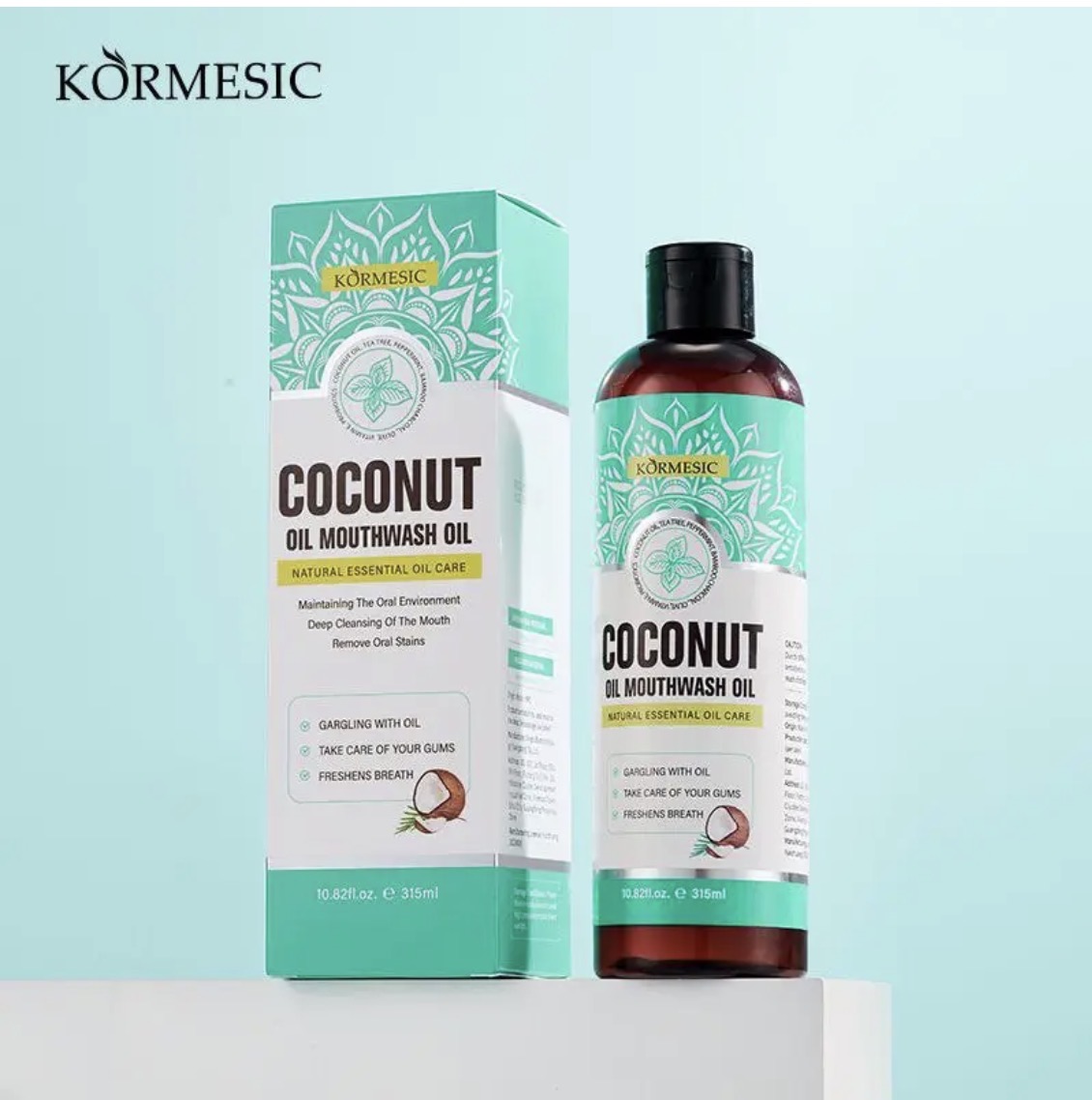 Kormesic Coconut Oil Mouthwash package with tongue scraper and toothbrush, 315ml / 10.82 fl oz